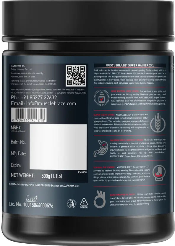 MUSCLEBLAZE Super XXL, For Muscle Weight Gainers/Mass Gainers (500 g, Chocolate)