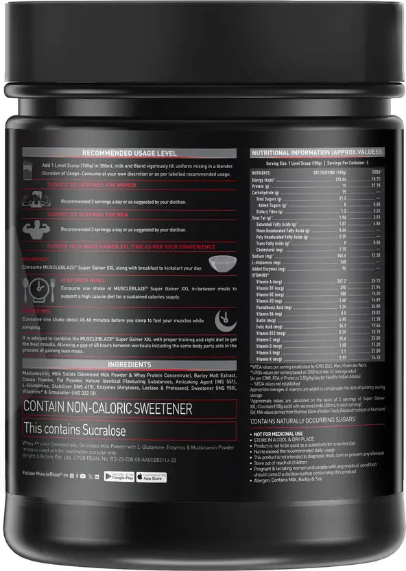 MUSCLEBLAZE Super XXL, For Muscle Weight Gainers/Mass Gainers (500 g, Chocolate)