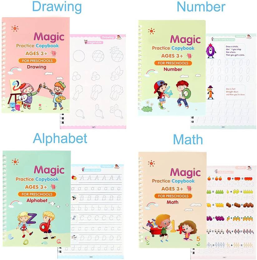 ZRIYOS Magic Practice Copybook (4 BOOK + 10 REFILL + 1 PEN + 1 GRIP) Reusable MagicBook (Multicolor)