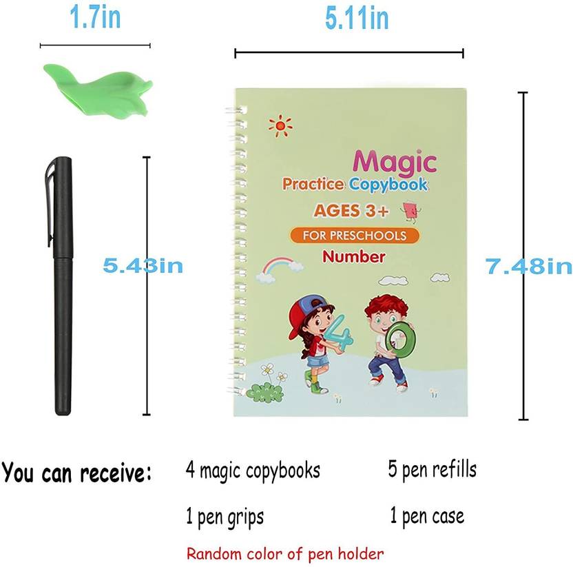 ZRIYOS Magic Practice Copybook (4 BOOK + 10 REFILL + 1 PEN + 1 GRIP) Reusable MagicBook (Multicolor)
