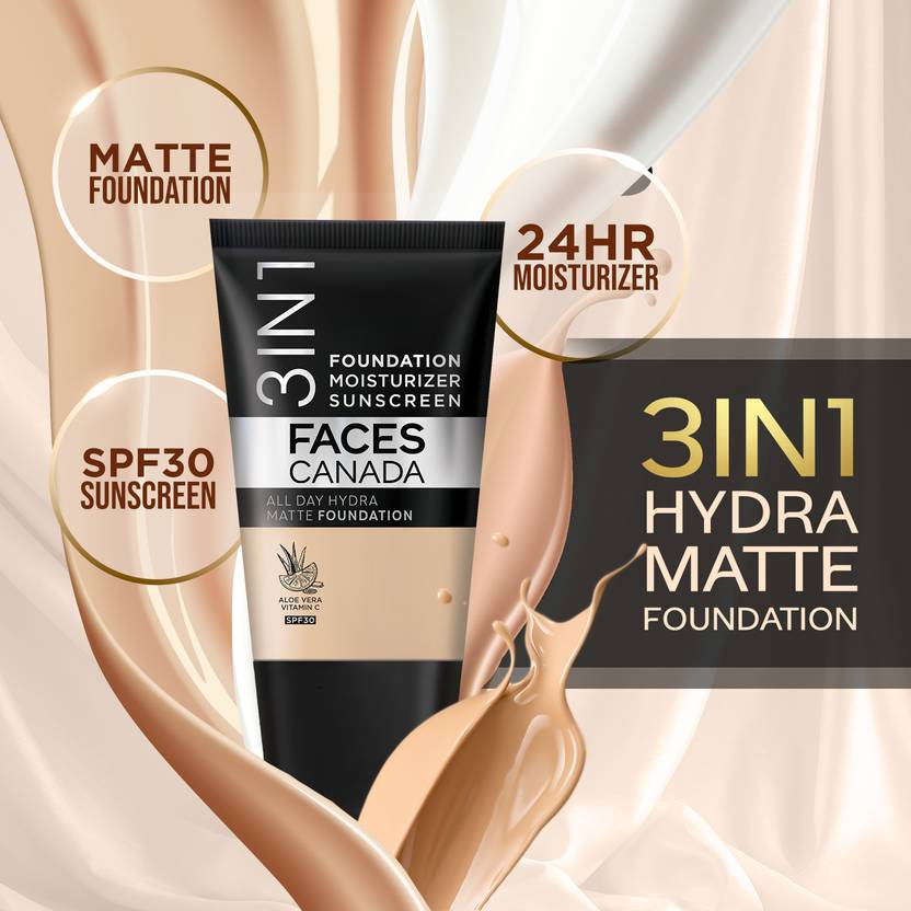 FACES CANADA All Day Hydra Matte (Mini) | 3 in 1 Moisturizer + SPF 30 + Foundation (Absolute Ivory 012, 18 ml)