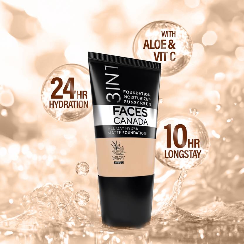 FACES CANADA All Day Hydra Matte (Mini) | 3 in 1 Moisturizer + SPF 30 + Foundation (Absolute Ivory 012, 18 ml)