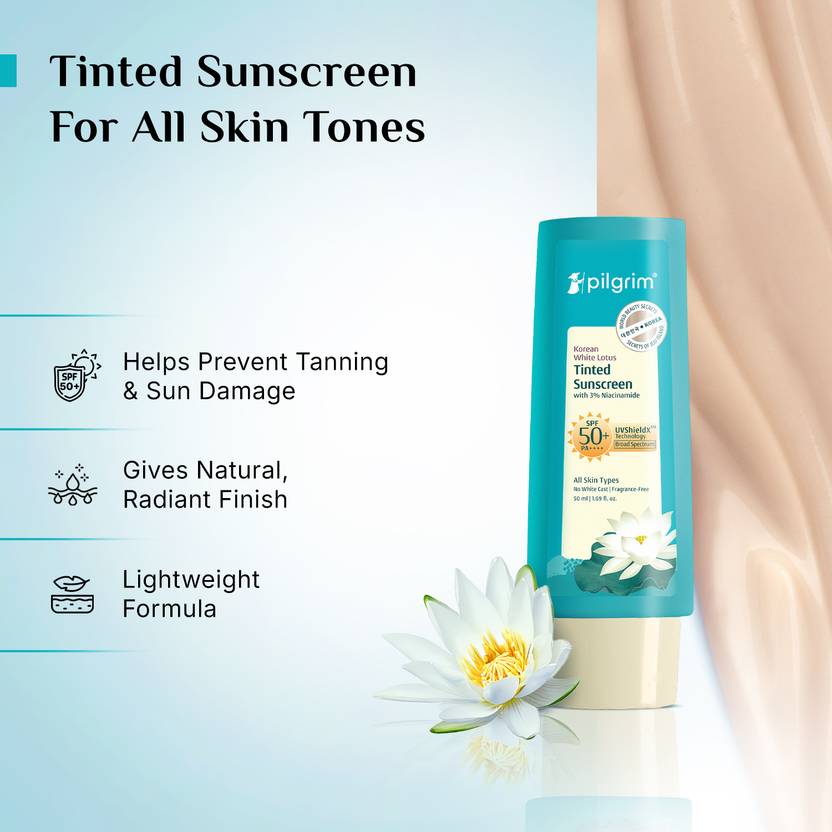 Pilgrim Sunscreen - SPF 50+ PA++++ Korean White Lotus Tinted Sunscreen with 3% Niacinamide No White Cast (50 ml)