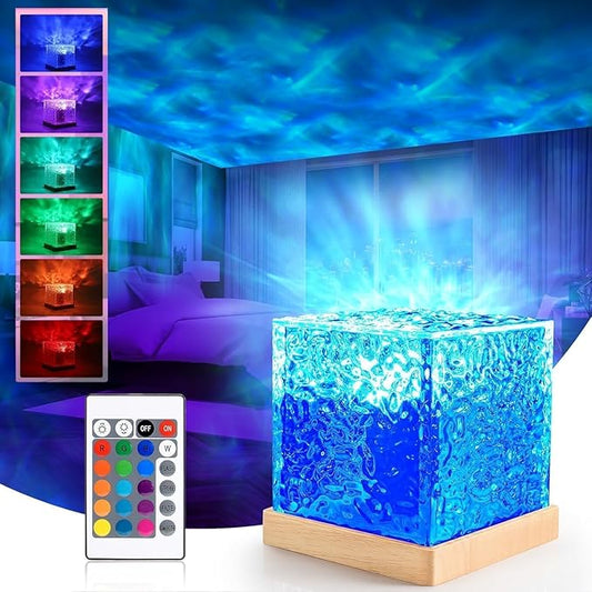 Romantic Ocean Wave Night Light Projector Lamp, 3D Water Wave Effect, LED Projection Lamp for Bedroom Decor, Remote Control (Cube Shape)Multicolor