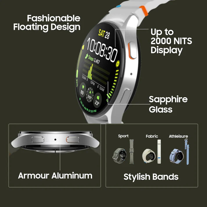 Smart Watch7 : 44mm Silver, Bluetooth + LTE | AI-Powered Smartwatch with Health Tracking | Dual GPS & Heart Monitor | 1-Year Warranty|