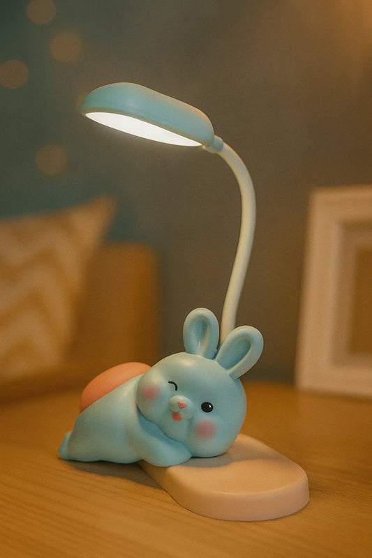 Cute Bunny Night Lamp With LED Desk Light & USB Charging – Flexible Gooseneck, Rechargeable Battery, Soft Eye-Caring Light For Kids, Bedroom, Study Table & Home Décor