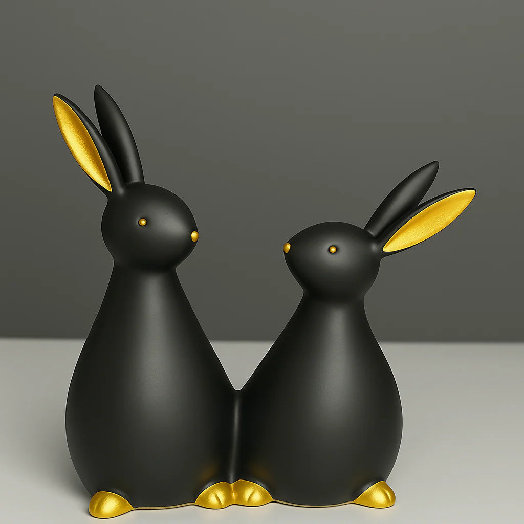 HOME DECOR Black & Gold Resin Bunny Couple Showpiece – Cute Minimalist Animal Sculpture