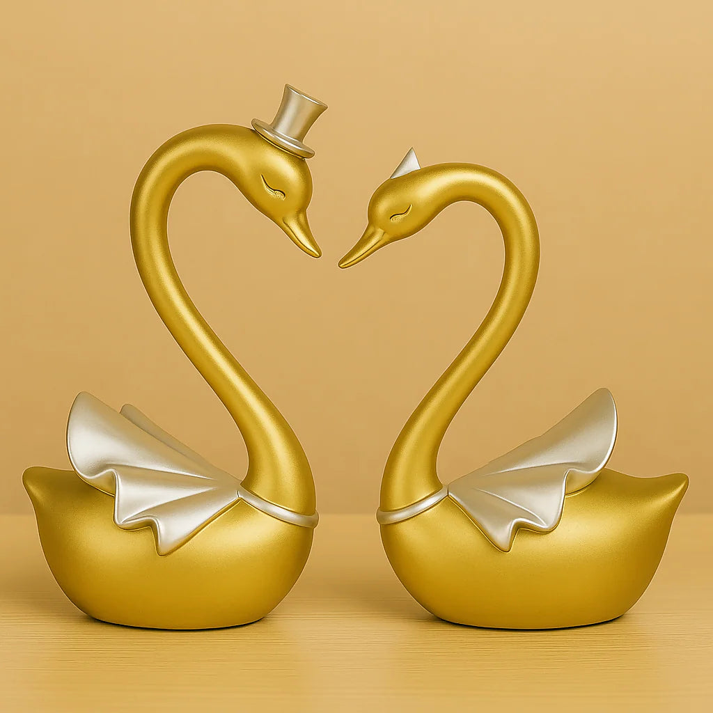 HOME DECOR Golden Swan Couple Showpiece – Romantic Resin Love Bird Figurine With Silver Accents