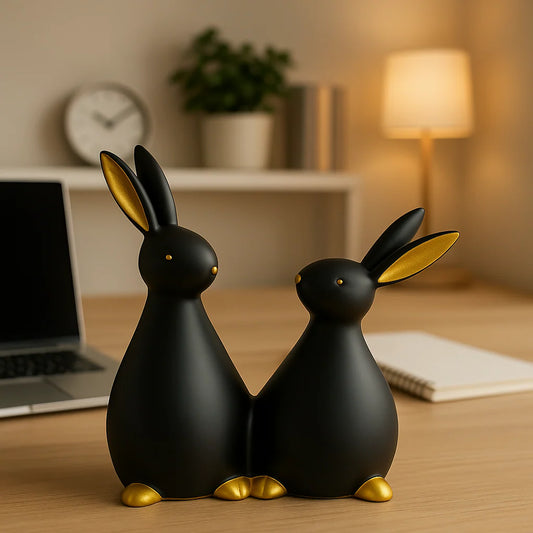 HOME DECOR Black & Gold Resin Bunny Couple Showpiece – Cute Minimalist Animal Sculpture