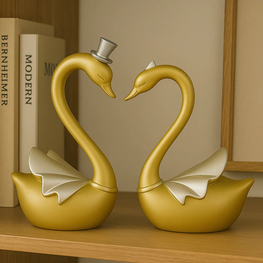 HOME DECOR Golden Swan Couple Showpiece – Romantic Resin Love Bird Figurine With Silver Accents